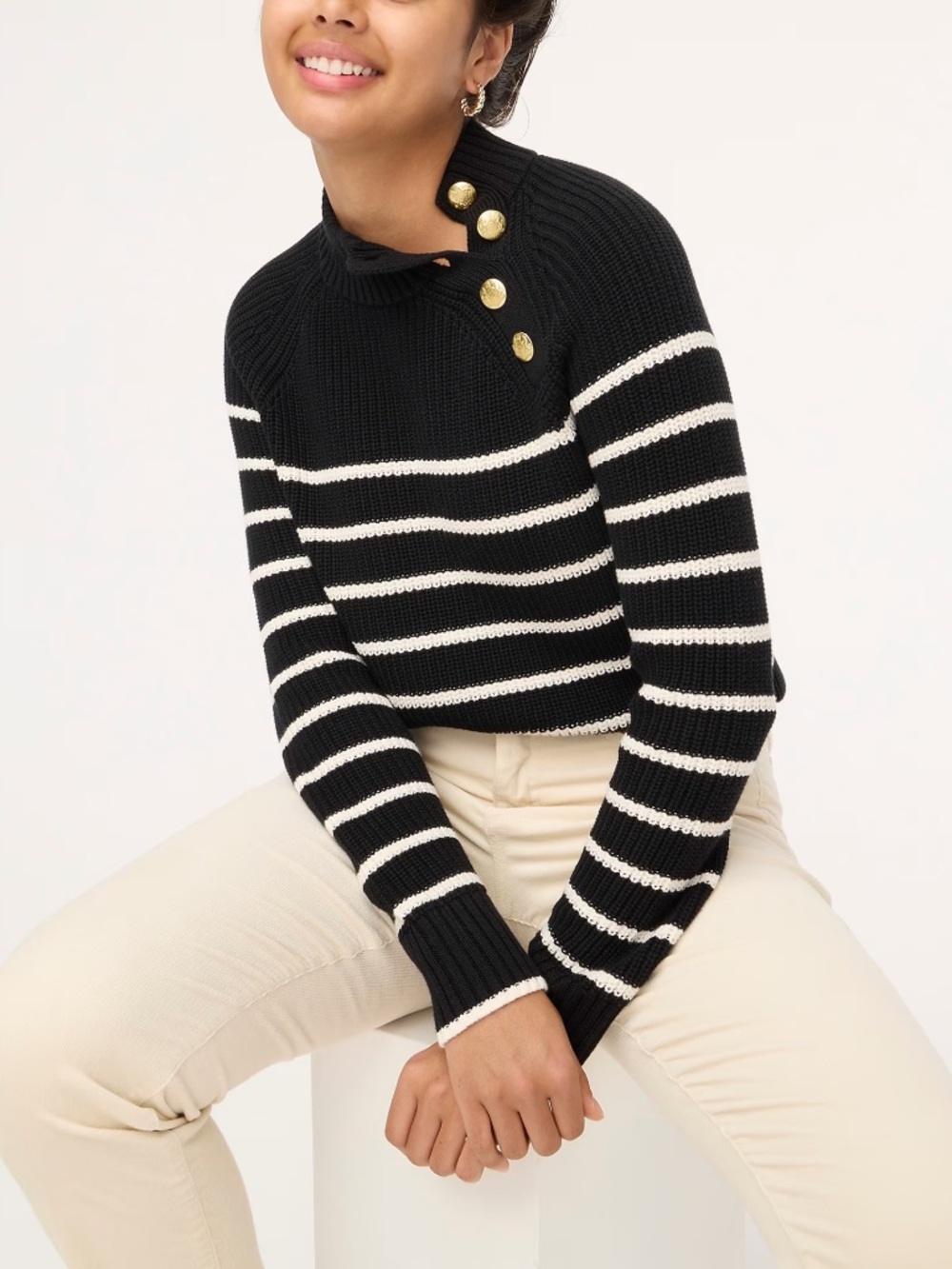 J. Crew Button Shoulder Striped Mock Neck Cotton Pullover Sweater Black Size M